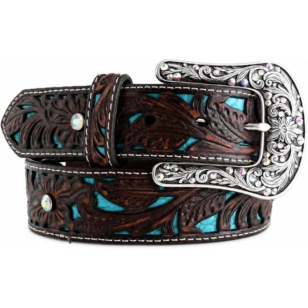 Ariat Women's L Belt Buckle Floral Tooled Turquoise Inlay Silver Jeweled Western